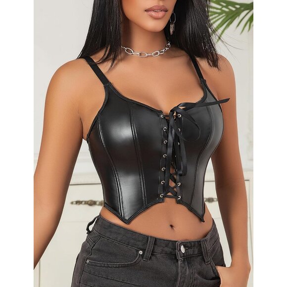 Women Black Lace Up Bustier Corset Adjustable Drawstring Sleeveless Shapewear - Picture 5 of 5